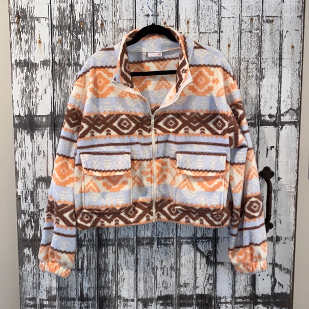 SO tribal fleece cropped zip up jacket
